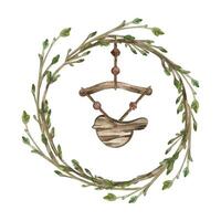 Spring wreath, young tree shoots with buds collected in a wreath, a pendant in the form of a bird made of wood. All objects are hand-drawn with watercolors. For printing on postcards, invitations vector