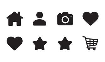 A set of black and white icons that include a shopping cart, heart, and a house vector