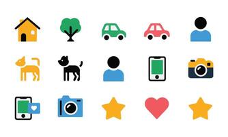 A set of colorful icons that include a dog, a cat, a house, a car, vector
