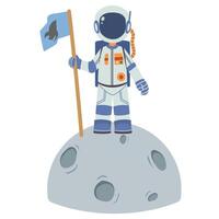 Astronaut on the moon with flag and flag illustration vector