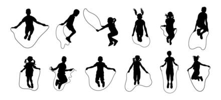 Set of silhouettes of children playing jump rope vector