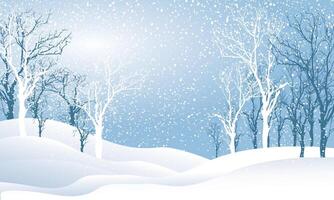 Serene winter landscape featuring snow covered hills and bare trees in snowfall vector