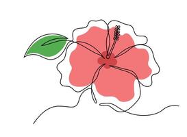Pink color of hibiscus flower in one continuous line art drawing style. Minimalist black line sketch isolated on white background. vector