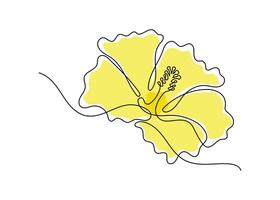 Yellow hibiscus flower in one continuous line art drawing style. Minimalist black line sketch isolated on white background. vector