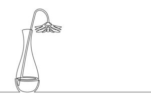 Wilted flowers in a vase filled with water, drawn in continuous line art style. A cartoon floral frame in minimalist black linear design, isolated on a white background vector