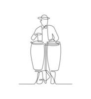 Jazz musician playing traditional drum in continuous line drawing style. Minimalist black linear sketch isolated on white background. vector
