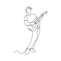 Guitar player in continuous line drawing style. Guitarist illustration in black linear sketch isolated on white background. vector
