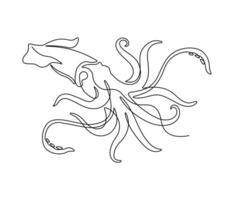 Squid in continuous line art drawing style. Animal minimalist black linear sketch isolated on white background. vector