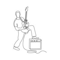 Guitar player in continuous line drawing style. Man guitarist in black linear sketch isolated on white background vector