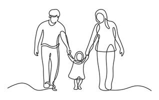 Happy family in one line art style. Minimalist linear sketch of parents and child walking together, holding hands. Black contour drawing, isolated on white background. vector