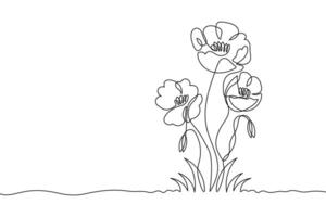 Poppy flowers in continuous line drawing style. Cartoon floral frame with three blooming flowers among the grass. Minimalist black linear design isolated on white background vector