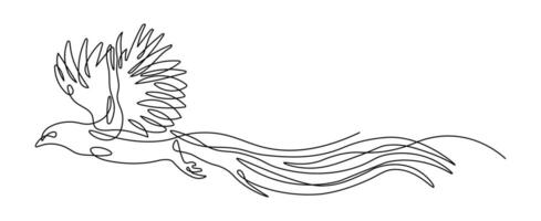 Flying pheasant bird one line drawing with editable stroke on white isolated background. vector