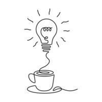 One line drawing of a coffee cup and a scribbled light bulb, symbolizing energy, creativity, and productivity. Minimalist illustration vector