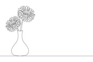 Beautiful flowers in a vase in continuous line drawing style. Cartoon floral frame with two blooming flowers. Minimalist black linear design isolated on white background vector