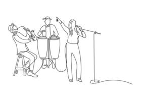 Jazz band on stage with female singer in continuous line drawing style. Minimalist black linear sketch isolated on white background. vector