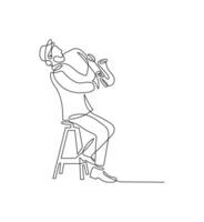 Jazz musician playing the saxophone in continuous line drawing style. Minimalist black linear sketch isolated on white background. vector