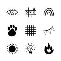 set of 9 simple editable icons such as eye, tic tac, rainbow, paw, sun, lamp, fire vector