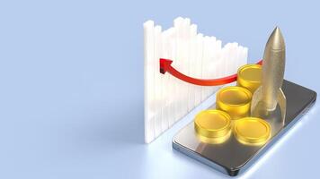 The Rocket and coins on Mobile phone for business concept 3d Rendering. photo