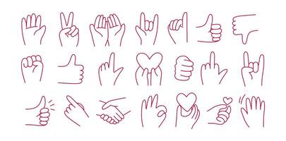 Hand drawn dHand drawn doodle set of 20 hand gestures. Includes symbols such as peace, thumb up, ok, love, pointing and handshake. Perfect for UI, stickers, posters and modern graphic design. vector