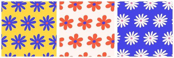Trendy seamless floral pattern set with colorful hand drawn daisies in retro style. Bright summer design for fabric, wrapping paper, wallpaper, textile, and surface decoration. vector