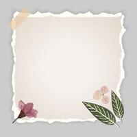 Vintage torn paper frame with floral decoration and adhesive tape. Blank background template for scrapbooking, greeting cards, invitations, and artistic projects. vector