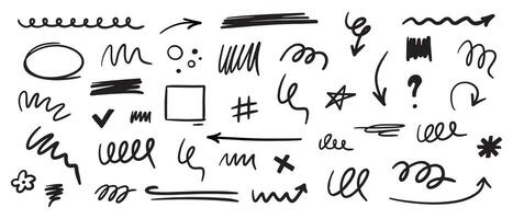 Marker scribble elements collection. Grunge hand drawn icons, strokes, underlines, wave brush marks. set isolated on white background. vector