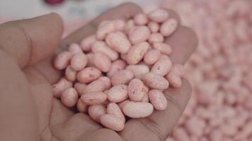 Exploring unique pink beans in agricultural market setting video