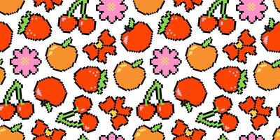 Vibrant pixel art pattern with fruits cherries, strawberries, apples, and peaches, along with retro flowers. 80s and 90s background. Perfect for textiles and wallpapers. Nostalgic 8-bit style. vector