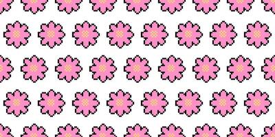 Seamless pixel art pattern of pink flowers with black outlines and yellow centers on a white background. This repeating design has a retro, 8-bit style, perfect for digital art, textiles, and ads. vector