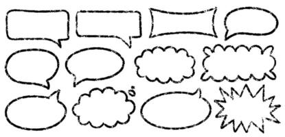 Set of rough, textured speech and thought bubbles with grunge-style edges. Perfect for comic dialogues, notes, and creative designs. Empty frames for customizable text, conversation, or emphasis. vector