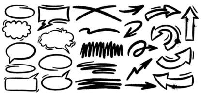 Collection of black and white hand drawn arrows, speech bubbles, frames, and scribbles. Rough and bold elements ideal for highlighting, communication, navigation, and creative design projects. vector