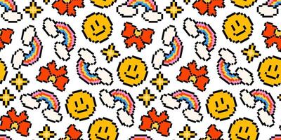 Pixel art pattern with retro emojis, rainbows, stars, and smiley faces. Vintage 8bit background. Old style. 80s, and 90s game object . Backdrop design for textiles, and scrapbooking. vector