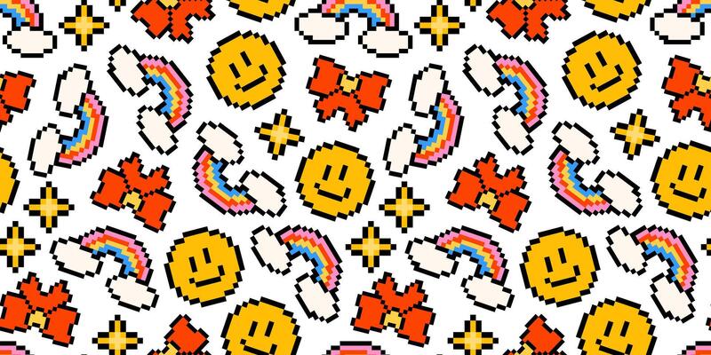 Pixel art pattern with retro emojis, rainbows, stars, and smiley faces. Vintage 8bit background. Old style. 80s, and 90s game object . Backdrop design for textiles, and scrapbooking.