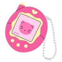 Retro pink digital pet with a cute cat face on the screen. Nostalgic 2000s electronic toy featuring yellow buttons and a keychain. Perfect for Y2K aesthetics, vintage fashion, and retro gaming. vector