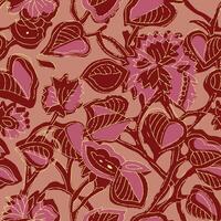 a pattern with flowers and leaves on a pink background vector