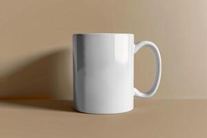 White mug standing on a table, projecting a shadow on a brown background photo