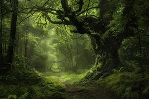 Sunbeams filtering through lush green forest canopy photo