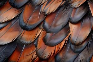 Macro close up of brown and black bird feathers creating a soft textured background photo