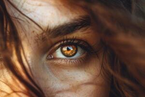 Woman showing expressive brown eye and freckles on face photo