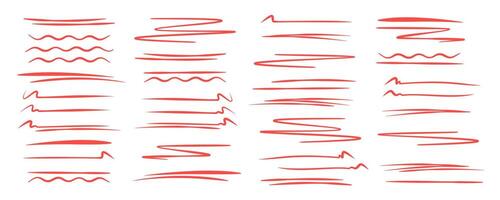 Red highlight line elements. Underline stroke set. Doodle hand drawn emphasize. Collection of Sketch scribble pencil for accentuate, reinforcepen. illustration vector