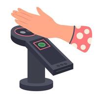 Hand payment system. Palm payment. Hand payment system. Women holds hand above palm payment scanner. Touchless verification, contactless biometric authentication. Digital transactions. vector