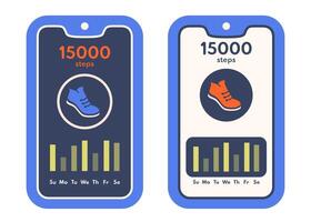 Step tracking. Set of mobile phones with pedometer app. Step counter on Smartphone. Smartphone screen with Activity tracker icon. Notification. Wellness concept. illustration vector