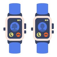 Ringing sign. Incoming call symbol on Digital smartwatch. Flat Trendy wearable device with ringing symbol on screen. Phone call alert on wearable device. Digital watch call notification. vector