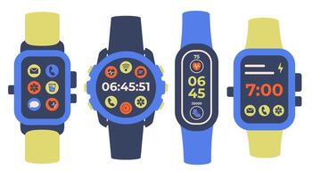 Set of various digital watchs icons. Smart watch isolated. Modern Hand watch with black strap. Circle Smart watch top view. Digital watch with App icons. illustration vector