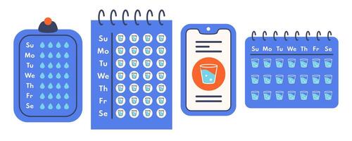 Drink water alert. Daily hydration tracked on smartphone, notebook and notepaper. Notification water balance. Wellness concept. Digital and paper Notes to control daily water routine. vector