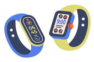 Set of digital watchs icons. Smart watch isolated. Stylish digital wrist device for everyday use, health tracking, mobile connectivity. Smart watch top view. Digital watch with App icons. vector