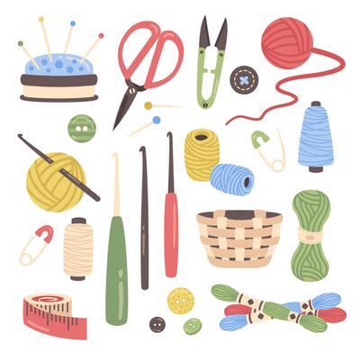 Crochet. Knitting set. Crocheting elements. Hand drawn Knitting tools, sewing accessories. Yarn and threads, crochet hook, wool ball, buttons, scissors, sewing basket, hooks.