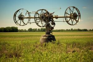 Abandoned irrigation system oxidizing in cultivated field photo