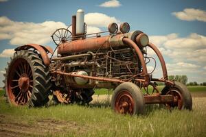 Old red tractor sitting in grass field under cloudy sky photo