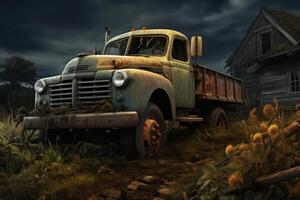 Old rusty abandoned truck parked near a desolate wooden house in overcast weather photo